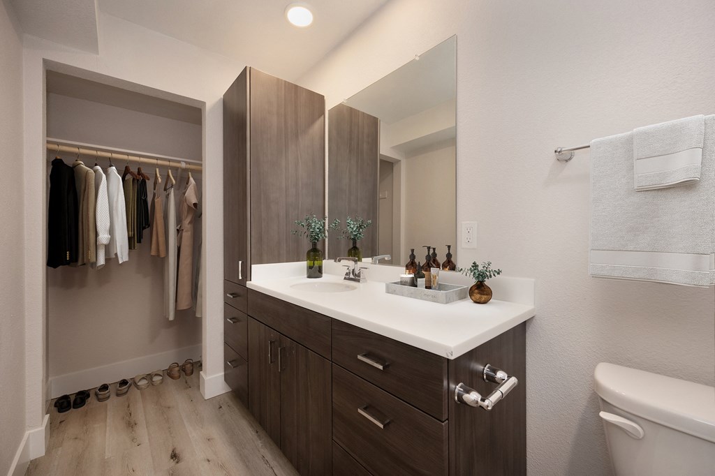 the preserve at ballantyne commons community bathroom with sink and mirror  at Track 281 Apartments, Sacramento, CA