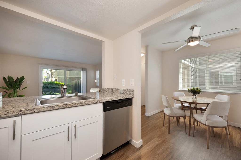 kitchen and dining area at Rush River Apartments, California