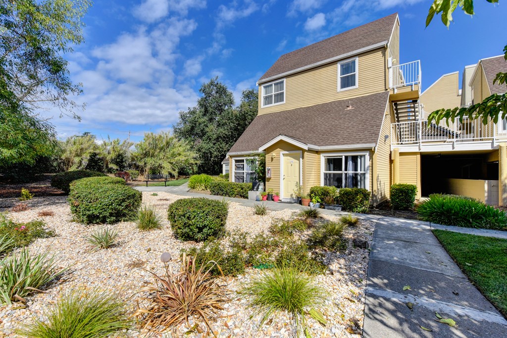 Community apartment building exterior with rick landscape and shrubs at Vineyard Terrace Apartments, California