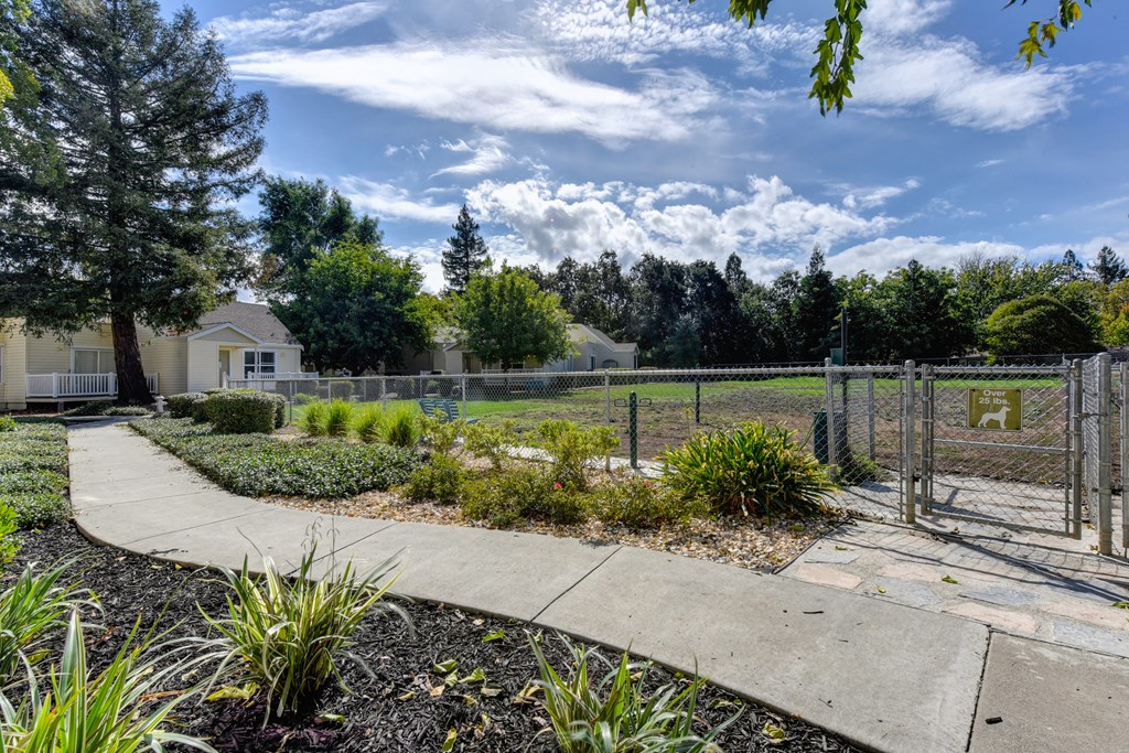 Community dog park/dog run which is fenced in with pedestrian walkway outside the park area at Vineyard Terrace Apartments, Napa, CA, 94558