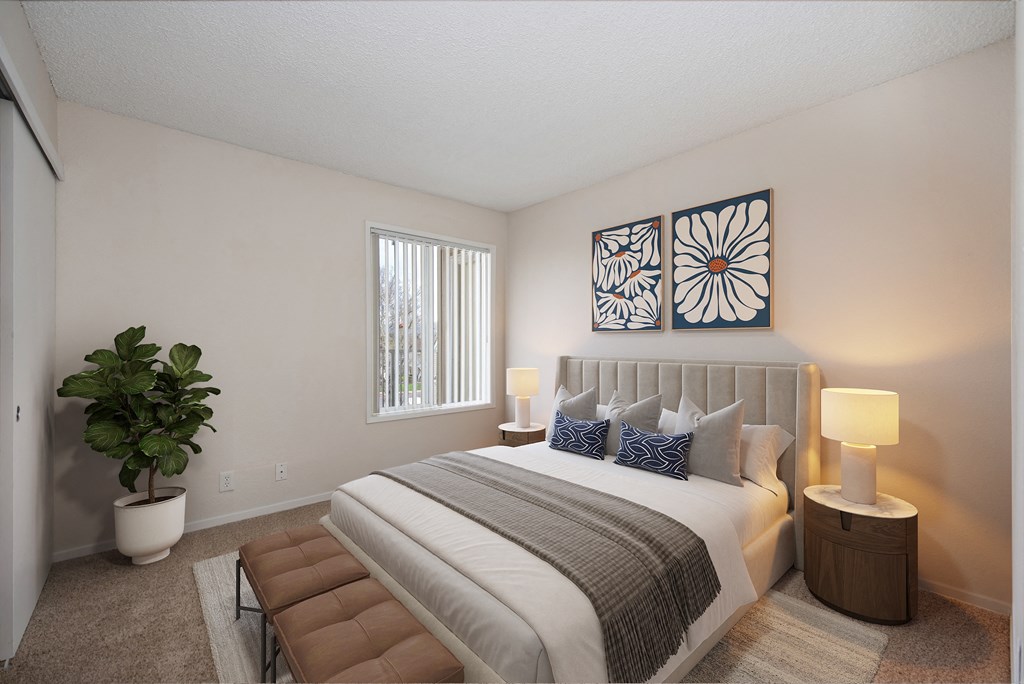 the preserve at ballantyne commons bedroom with large bed and window at Vineyard Terrace Apartments, California, 94558
