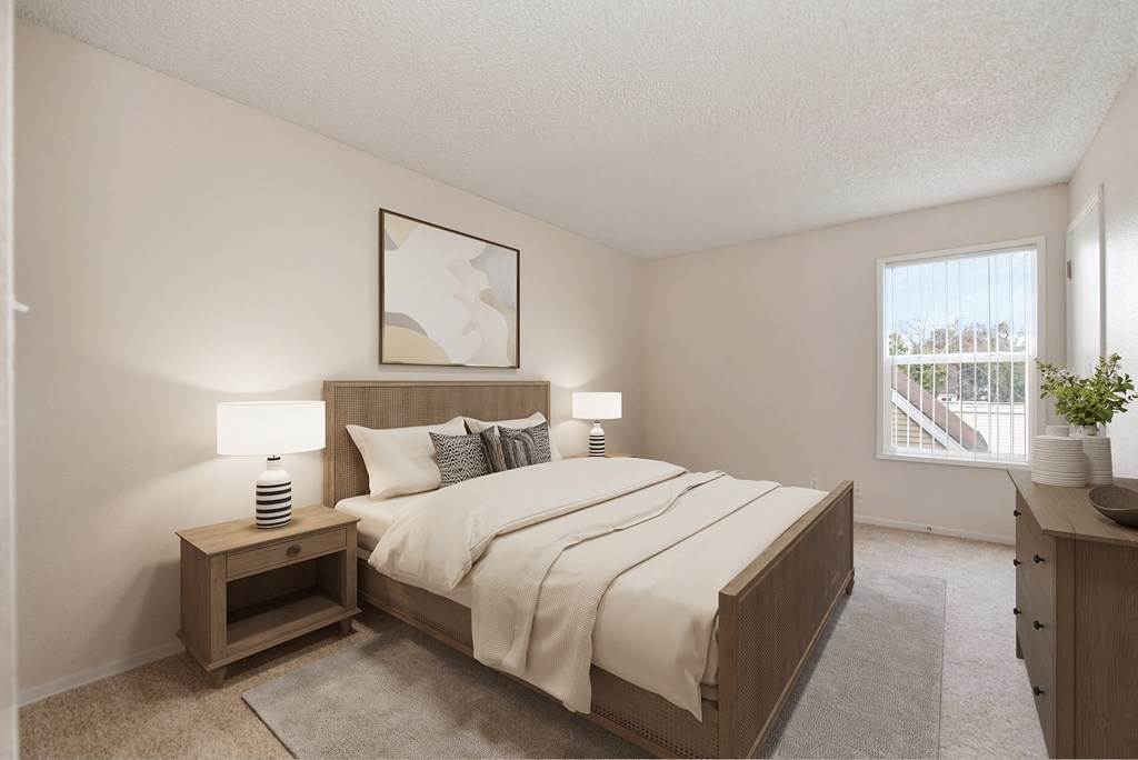 a bedroom with a large bed and a window at Vineyard Terrace Apartments, Napa, CA, 94558