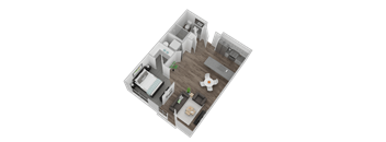A 3D floor plan of a house with a kitchen, living room, and two bedrooms.