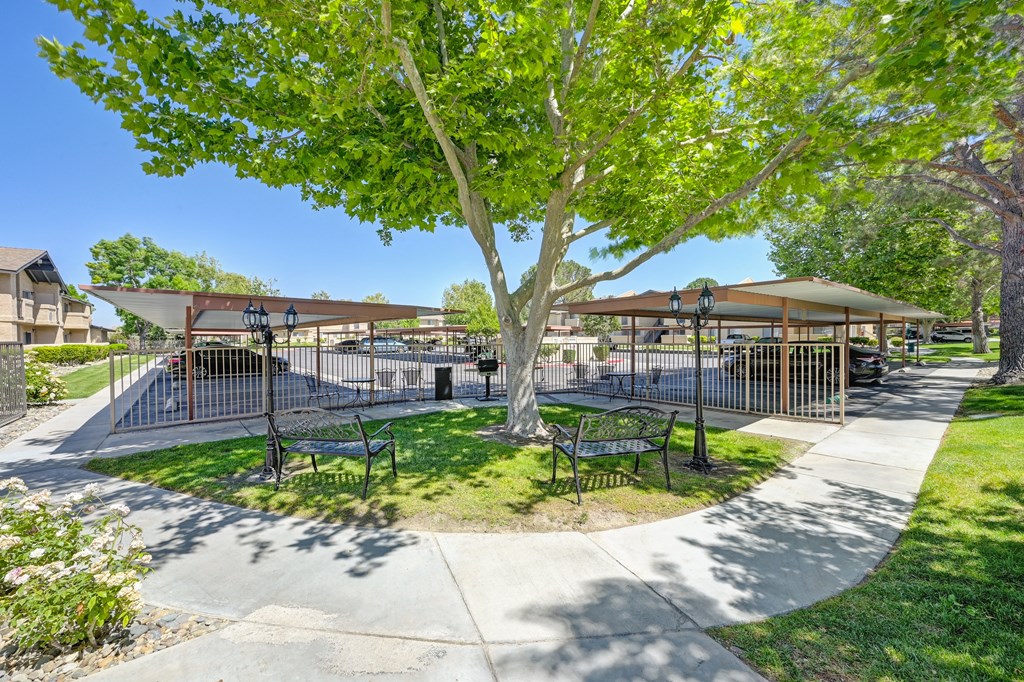 a park with trees and benches and a fenced in area