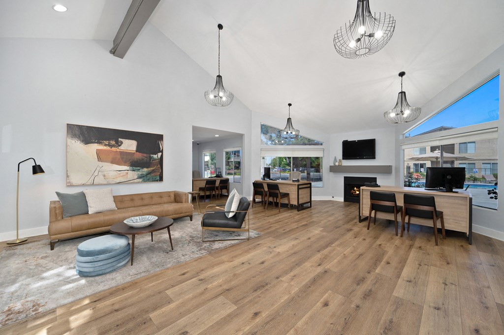 a living room with a couch and a table