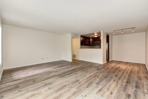 the living room and dining room of an apartment with wood flooring