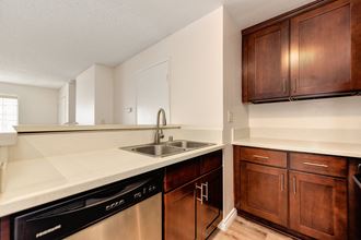 Kitchen with white quartz counters, darker cabinetry, stainless dishwasher and dual sink. - Photo Gallery