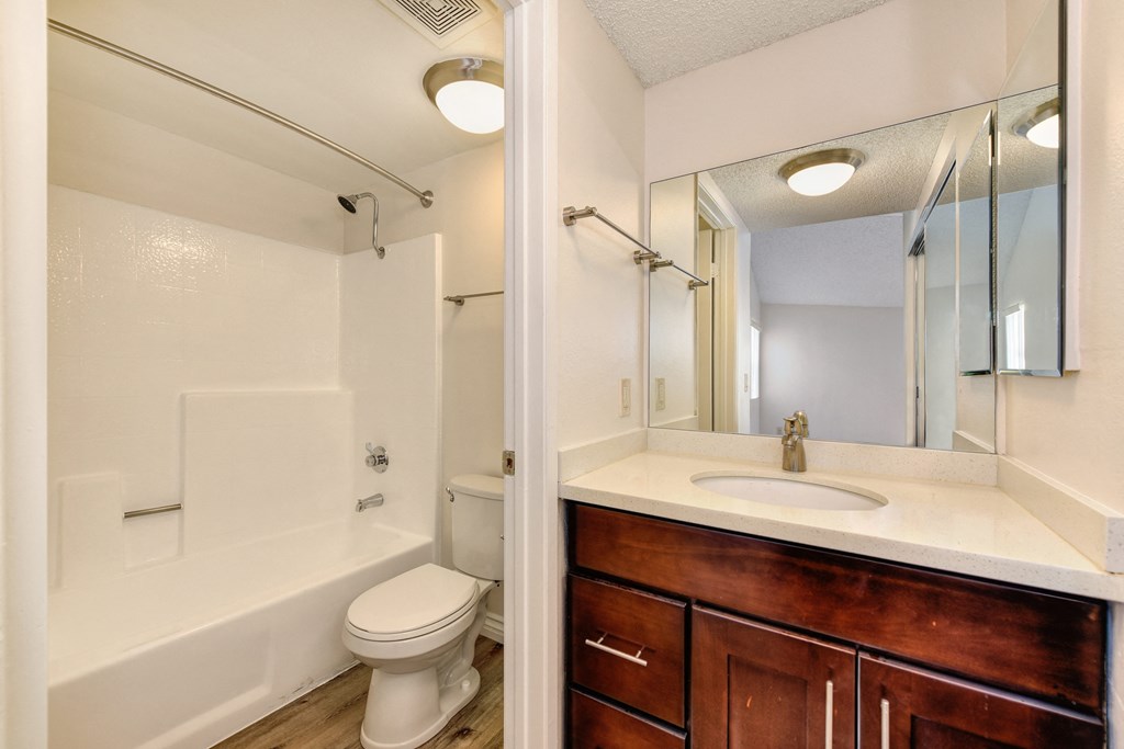 Bathroom with vanity with quartz counters, darker colored cabinets & separate area for toilet and tub/shower enclosure. 