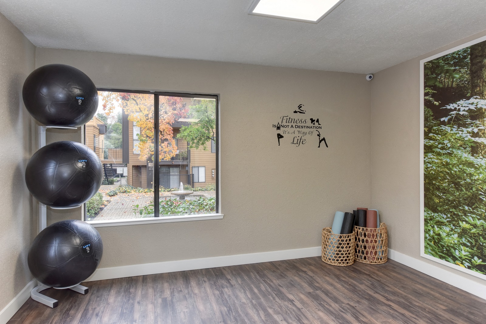 Community Yoga Studio with Hardwood Inspired Floor, Yoga Balls, Large Window and Wicker Basket with Yoga Mats at Fountains of Fair Oaks, Fair Oaks California