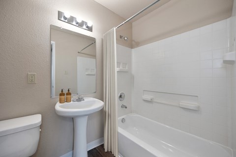 a bathroom with a sink and a tub and a mirror