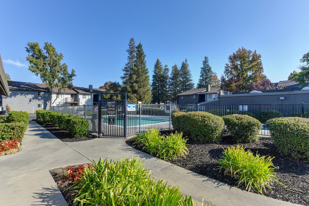 Walk way leading up the the fenced pool area.
