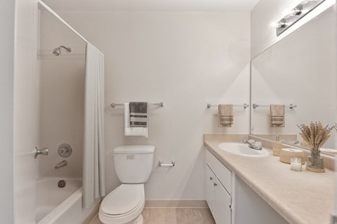 a bathroom with a toilet and a tub/shower enclosure and a sink with long counter top
