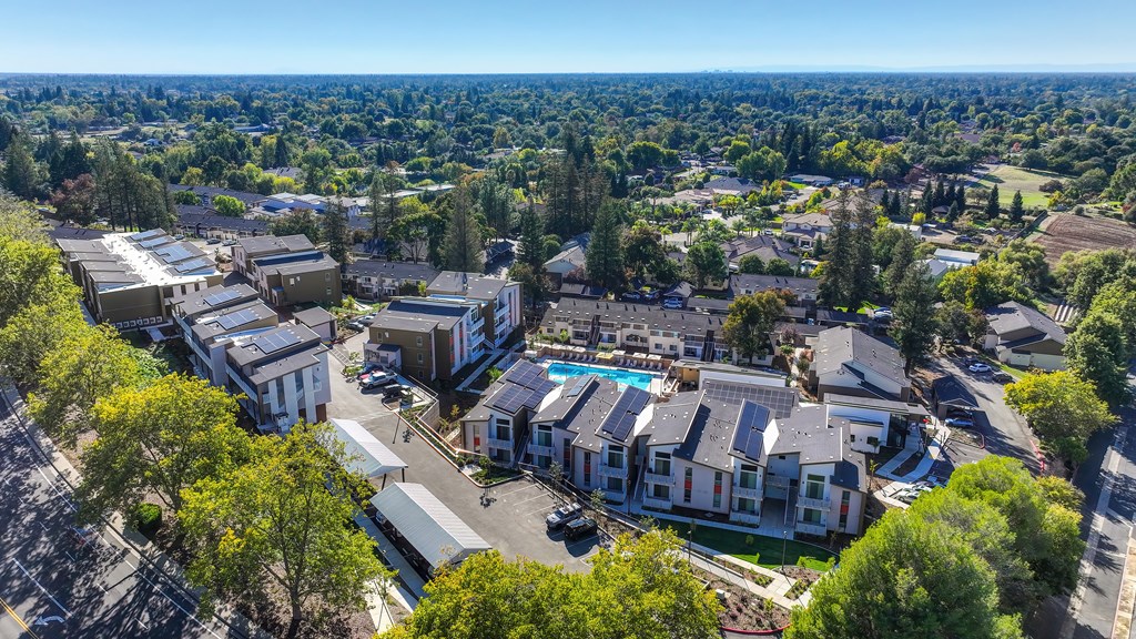 A bird's eye view of Canyon Terrace apartments with apartment buildings, pool,  and trees.