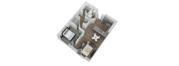 A top-down view of a house with a living room, kitchen, and two bedrooms.