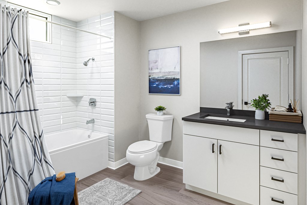 a bathroom with a shower and a toilet and a sink at Canyon Terrace Apartments, California, 95630