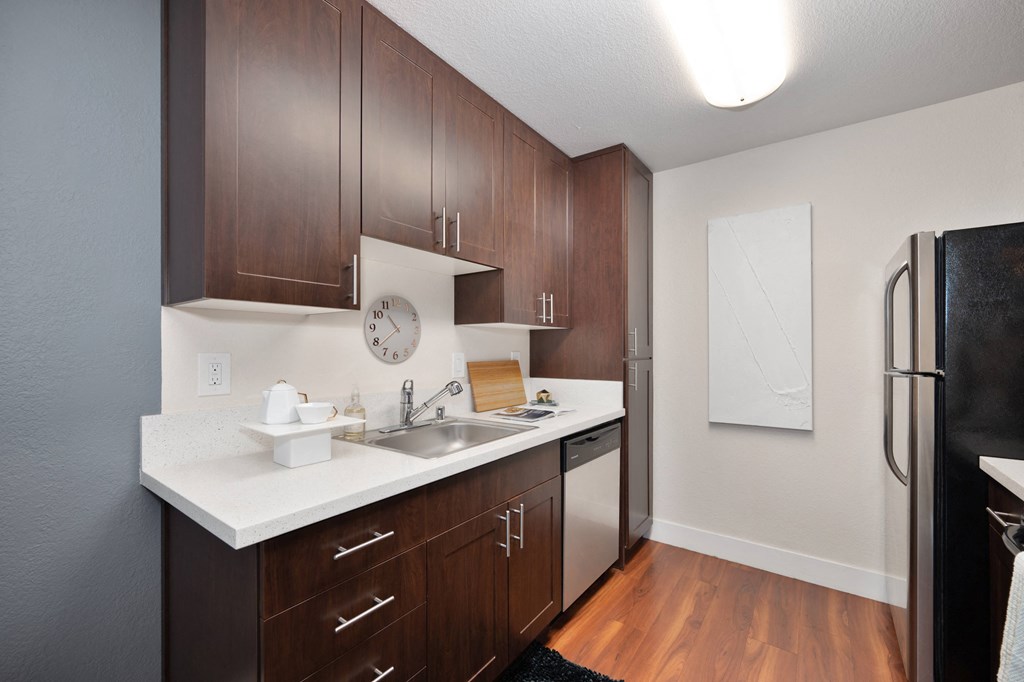 Kitchen with stainless steel appliances and white quartz counters  at Folsom Ranch, California