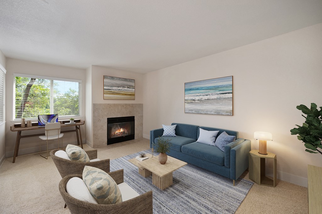 a living room with a couch and chairs and a fireplace at Folsom Ranch, Folsom, California