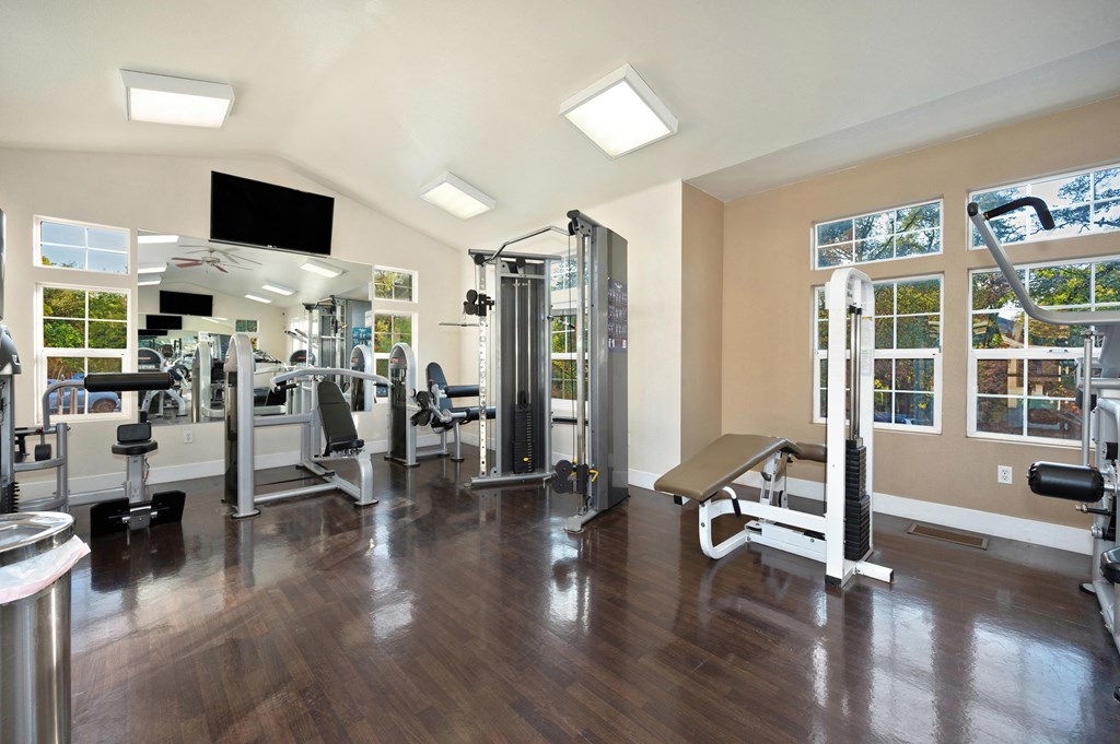 a gym with weights machines and a TV at Hidden Oaks Apartments, Citrus Heights, CA