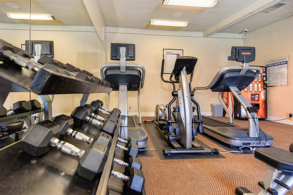 Free weight and cardio equipment in the fitness center.at The Renaissance Apartments, Citrus Heights California
