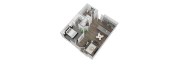 A top-down view of a house with a living room, kitchen, and bedrooms.