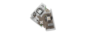 A 3D floor plan of a house with a kitchen, living room, and two bedrooms.