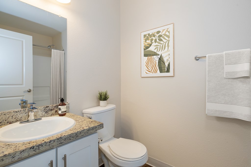 A bathroom with a toilet, sink, and a picture on the wall.