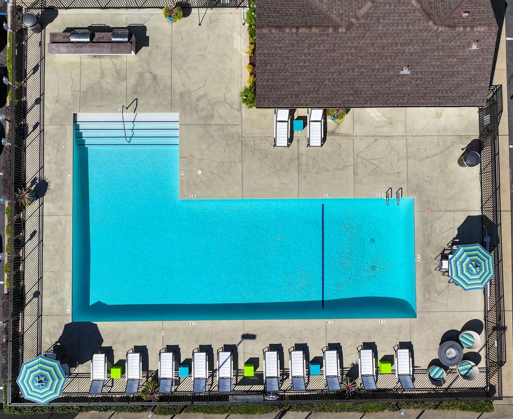 An aerial view of the community pool with lounge chairs & umbrellas