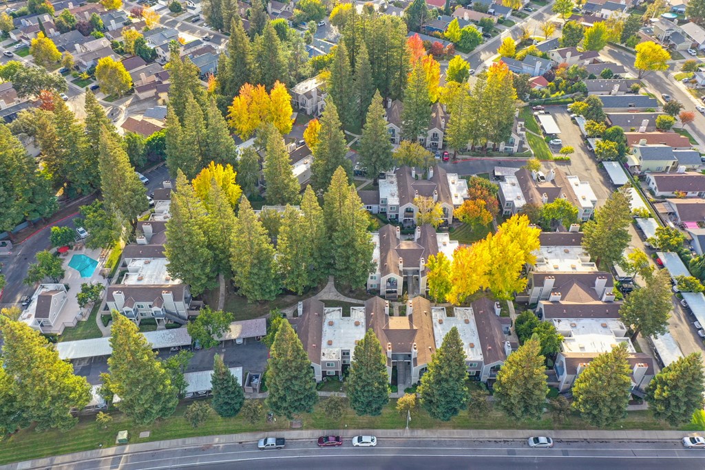 Drone image of the property and the neighborhood taken above the community at Rush River Apartments, Sacramento, CA, 95831
