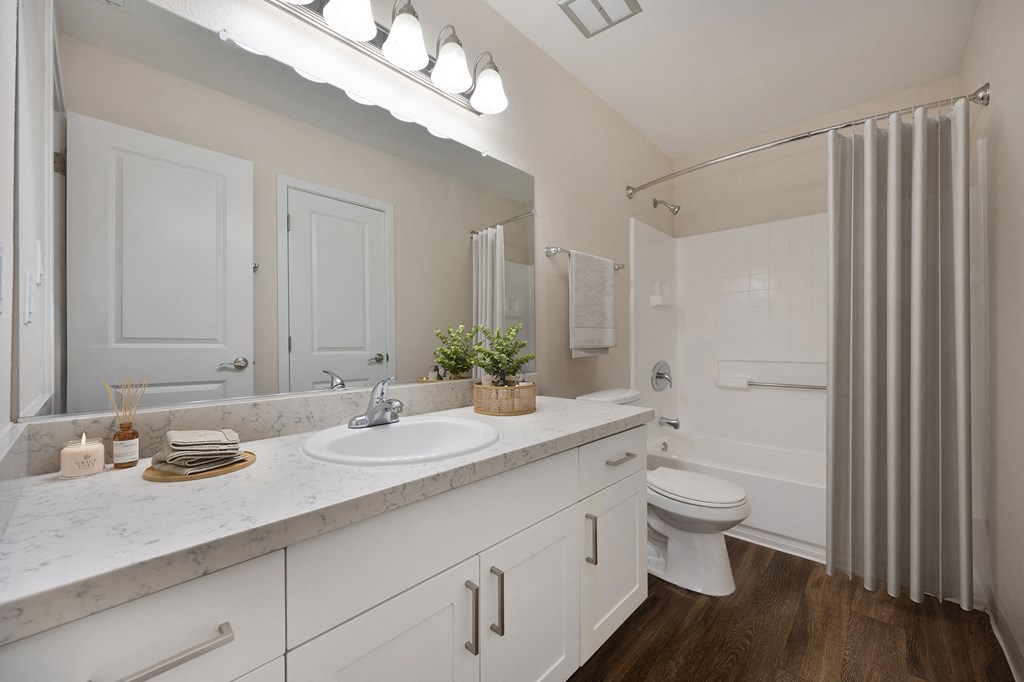 a bathroom with a sink and a shower and a toilet at Silverstone Apartments, Davis, CA