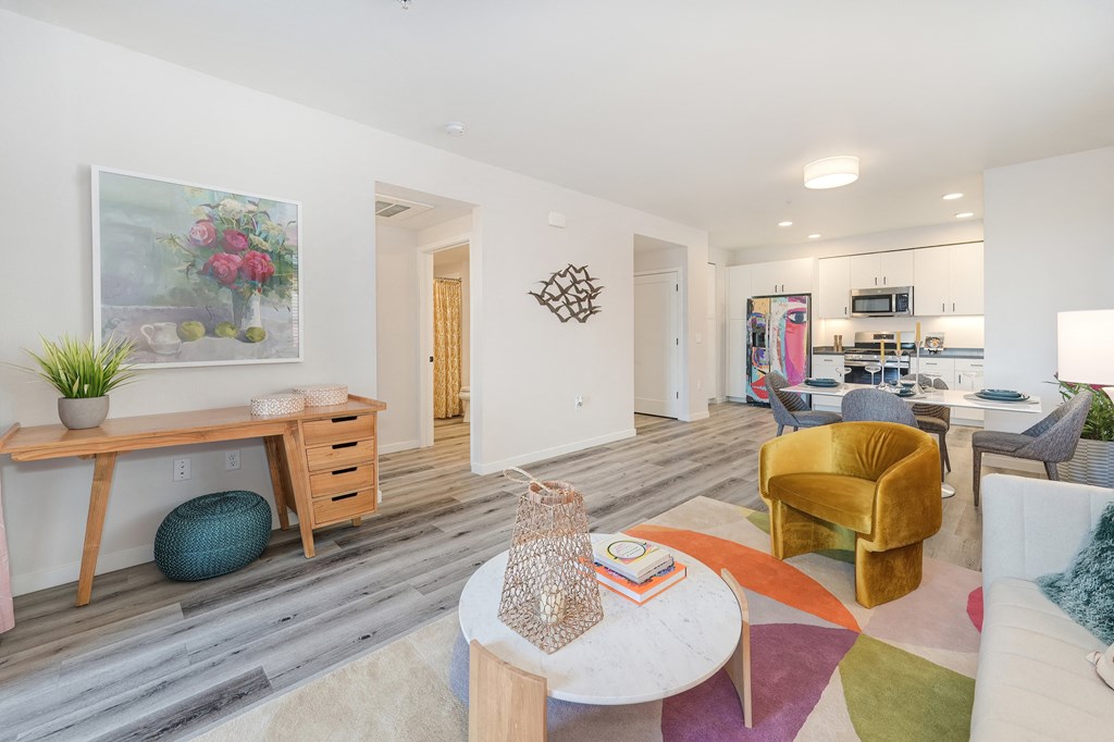Living Room With Kitchen View at Sierra Gateway Apartments, California, 95677