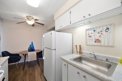 a kitchen with a sink and a refrigerator and a ceiling fan