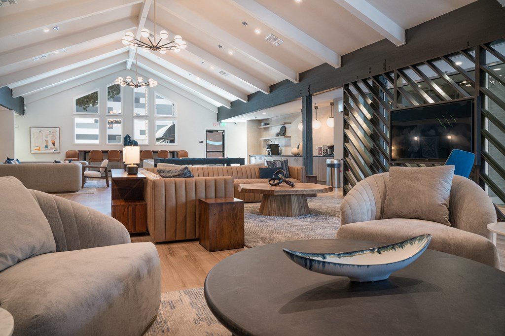 a living room with couches and chairs and a fireplace