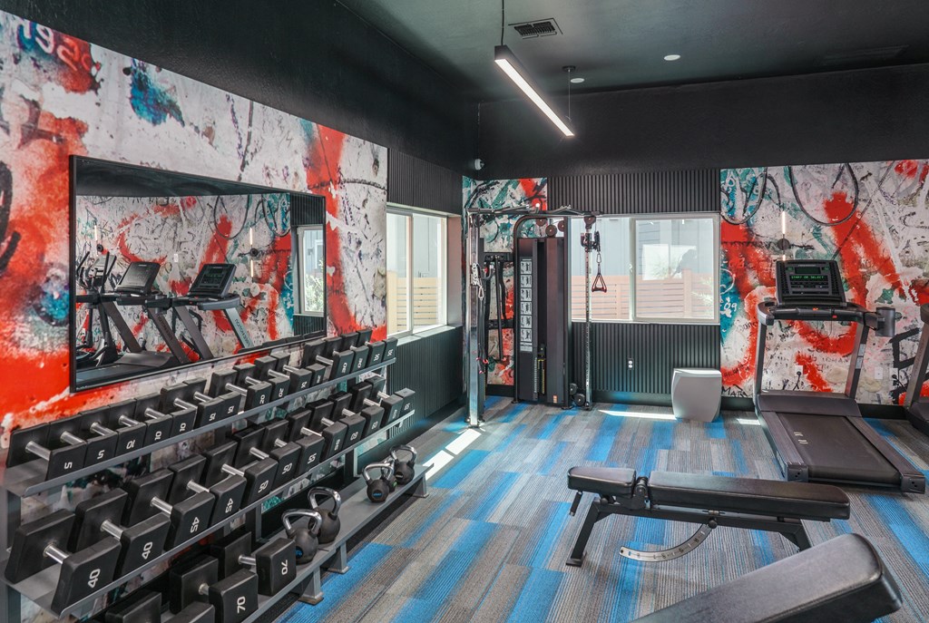 a fitness room with a wall of dumbbells and a mirror