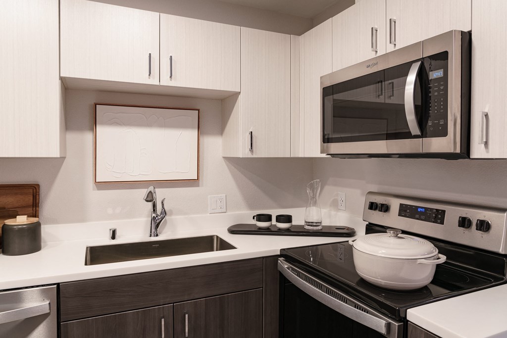 a kitchen with a stove and a microwave and a sink