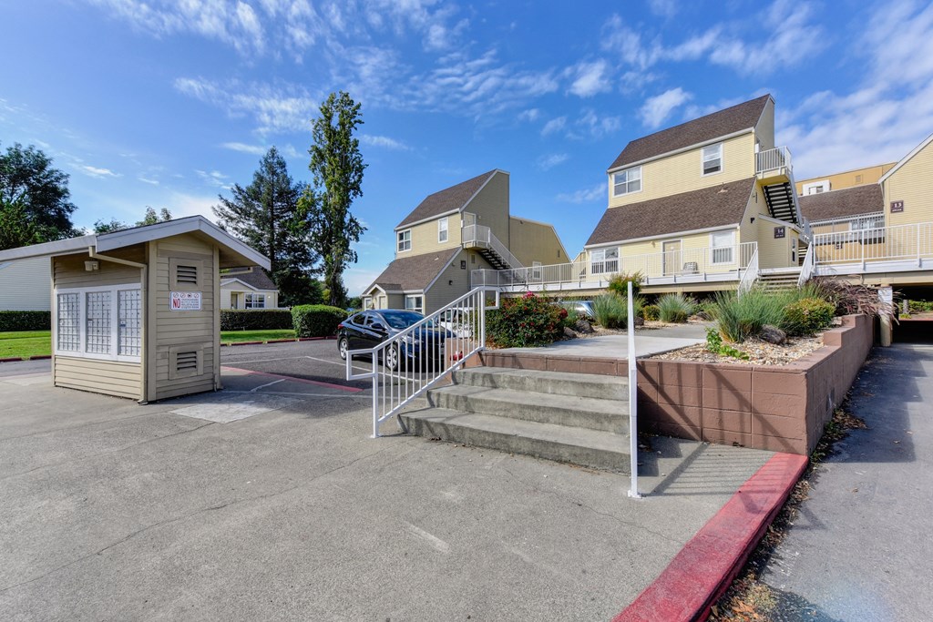 Community Mailbox area with small staircase leading to one of the buildings at Vineyard Terrace Apartments, Napa