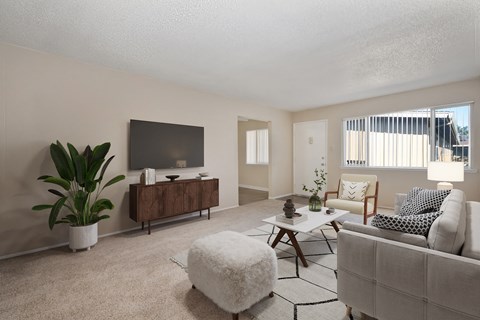 a living room with a couch and a chair and a television