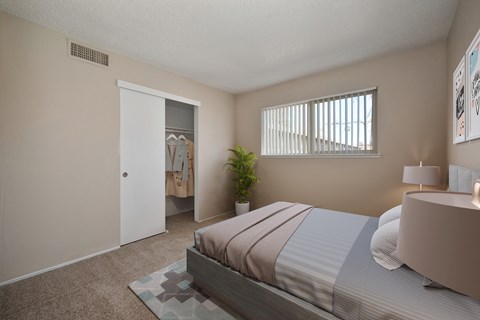 a bedroom with a bed and a closet and a window