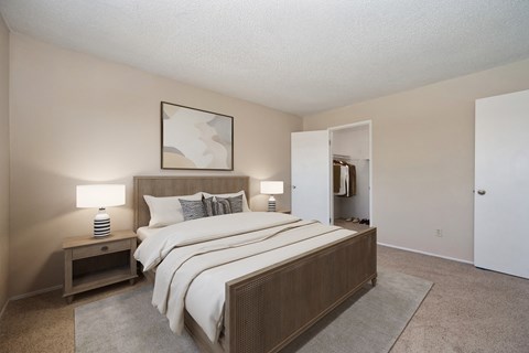 a bedroom with a bed and a closet