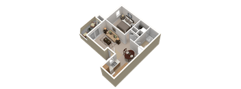 A 3D floor plan of a house with a kitchen, living room, dining room, and two bedrooms.