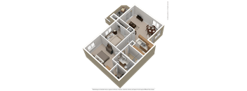 A 3D floor plan of a house with a kitchen, living room, dining room, and bedrooms.