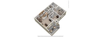 A 3D floor plan of a house with furniture and appliances.