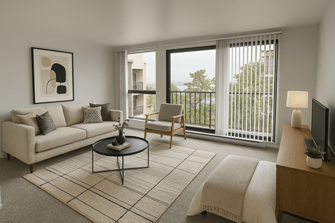 A living room with a couch, a chair, a coffee table, and a television.