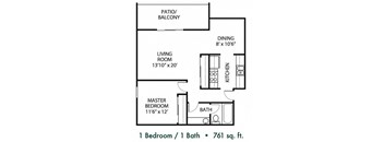 A floor plan of a one bedroom apartment with a living room, dining area, kitchen, and bathroom.