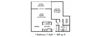A floor plan of a small apartment with one bedroom and one bathroom.