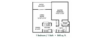 A floor plan of a one bedroom apartment with a bath.