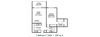 A floor plan of a one bedroom apartment with a living room, dining room, kitchen, and bathroom.