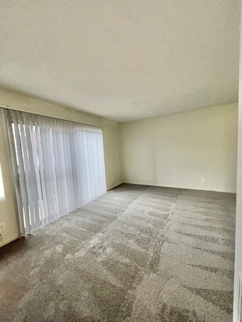 A room with a carpeted floor and a window with blinds.