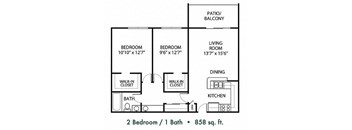 A floor plan of a small apartment with two bedrooms, one bathroom, and a patio/balcony.