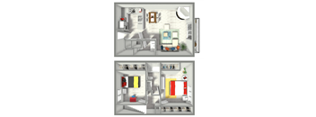 A diagram of a small apartment with two rooms and a bathroom.