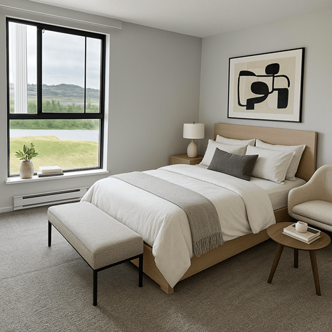 A bedroom with a large bed, a chair, and a painting on the wall.